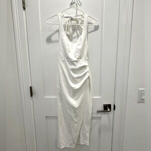 Sleeveless White Halter Square Neck Ruched Midi Dress